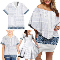 Samoa Siapo Blue Trimmed Family Matching Off Shoulder Short Dress and Hawaiian Shirt Samoa White Sunday LT01 - Polynesian Pride
