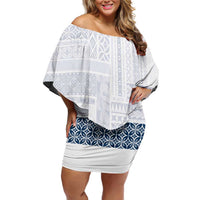 Samoa Siapo Blue Trimmed Family Matching Off Shoulder Short Dress and Hawaiian Shirt Samoa White Sunday LT01 Mom's Dress Blue - Polynesian Pride