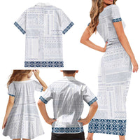 Samoa Siapo Blue Trimmed Family Matching Short Sleeve Bodycon Dress and Hawaiian Shirt Samoa White Sunday LT01 - Polynesian Pride