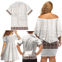 Samoa Siapo Brown Trimmed Family Matching Off Shoulder Short Dress and Hawaiian Shirt Samoa White Sunday LT01 - Polynesian Pride