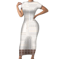 Samoa Siapo Brown Trimmed Family Matching Short Sleeve Bodycon Dress and Hawaiian Shirt Samoa White Sunday LT01 Mom's Dress Brown - Polynesian Pride