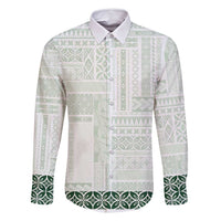 Samoa Siapo Green Trimmed Family Matching Long Sleeve Bodycon Dress and Hawaiian Shirt Samoa White Sunday LT01 Dad's Shirt - Long Sleeve Green - Polynesian Pride