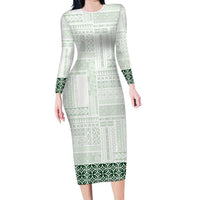 Samoa Siapo Green Trimmed Family Matching Long Sleeve Bodycon Dress and Hawaiian Shirt Samoa White Sunday LT01 Mom's Dress Green - Polynesian Pride