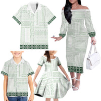 Samoa Siapo Green Trimmed Family Matching Off The Shoulder Long Sleeve Dress and Hawaiian Shirt Samoa White Sunday LT01 - Polynesian Pride