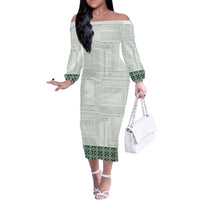 Samoa Siapo Green Trimmed Family Matching Off The Shoulder Long Sleeve Dress and Hawaiian Shirt Samoa White Sunday LT01 Mom's Dress Green - Polynesian Pride