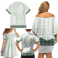 Samoa Siapo Green Trimmed Family Matching Off Shoulder Short Dress and Hawaiian Shirt Samoa White Sunday LT01 - Polynesian Pride