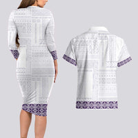 Samoa Siapo Purple Trimmed Couples Matching Long Sleeve Bodycon Dress and Hawaiian Shirt Samoa White Sunday LT01 - Polynesian Pride