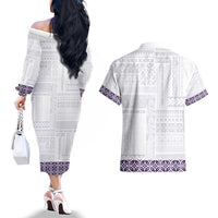 Samoa Siapo Purple Trimmed Couples Matching Off The Shoulder Long Sleeve Dress and Hawaiian Shirt Samoa White Sunday LT01 - Polynesian Pride