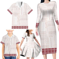 Samoa Siapo Red Trimmed Family Matching Long Sleeve Bodycon Dress and Hawaiian Shirt Samoa White Sunday LT01 - Polynesian Pride