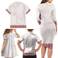 Samoa Siapo Red Trimmed Family Matching Long Sleeve Bodycon Dress and Hawaiian Shirt Samoa White Sunday LT01 - Polynesian Pride