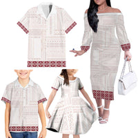 Samoa Siapo Red Trimmed Family Matching Off The Shoulder Long Sleeve Dress and Hawaiian Shirt Samoa White Sunday LT01 - Polynesian Pride