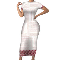 Samoa Siapo Red Trimmed Family Matching Short Sleeve Bodycon Dress and Hawaiian Shirt Samoa White Sunday LT01 Mom's Dress Red - Polynesian Pride
