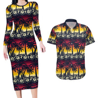 Hawaii Hibiscus Palm Tree Sunset Couples Matching Long Sleeve Bodycon Dress and Hawaiian Shirt Tropical Style LT01 Multicolor - Polynesian Pride