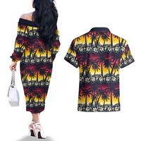 Hawaii Hibiscus Palm Tree Sunset Couples Matching Off The Shoulder Long Sleeve Dress and Hawaiian Shirt Tropical Style LT01 - Polynesian Pride