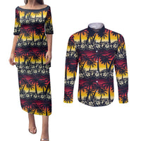 Hawaii Hibiscus Palm Tree Sunset Couples Matching Puletasi and Long Sleeve Button Shirt Tropical Style - Polynesian Pride