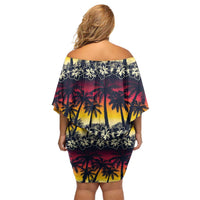 Hawaii Hibiscus Palm Tree Sunset Family Matching Off Shoulder Short Dress and Hawaiian Shirt Tropical Style LT01 - Polynesian Pride