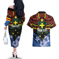 Personalised Vanuatu Tafea Province Couples Matching Off The Shoulder Long Sleeve Dress and Hawaiian Shirt Unique Tropical Tribal Pattern LT01 - Polynesian Pride