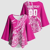 Custom New Zealand Rugby Silver Fern Kimono Sleeve Blouse Aotearoa Kiwi Maori Pink Version LT01 - Polynesian Pride