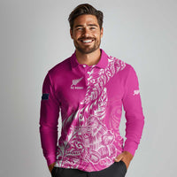 Custom New Zealand Rugby Silver Fern Long Sleeve Polo Shirt Aotearoa Kiwi Maori Pink Version LT01 - Polynesian Pride