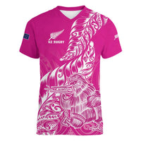 Custom New Zealand Rugby Silver Fern Women V-Neck T-Shirt Aotearoa Kiwi Maori Pink Version LT01 Female Pink - Polynesian Pride