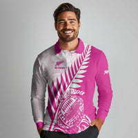 Custom New Zealand Rugby Silver Fern Long Sleeve Polo Shirt Aotearoa Maori Pink Version LT01 - Polynesian Pride