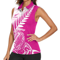 Custom New Zealand Rugby Silver Fern Women Sleeveless Polo Shirt Aotearoa Maori Pink Version LT01 - Polynesian Pride