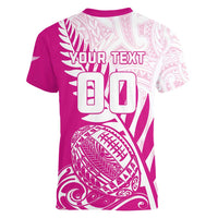 Custom New Zealand Rugby Silver Fern Women V-Neck T-Shirt Aotearoa Maori Pink Version LT01 - Polynesian Pride