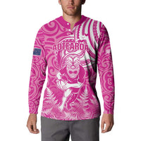 New Zealand Silver Fern Rugby All Pink Button Sweatshirt Maori Tiki Player With Ta Moko Tribal LT01 - Polynesian Pride
