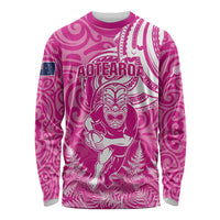 New Zealand Silver Fern Rugby All Pink Long Sleeve Shirt Maori Tiki Player With Ta Moko Tribal LT01 Unisex Pink - Polynesian Pride
