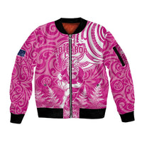 New Zealand Silver Fern Rugby All Pink Sleeve Zip Bomber Jacket Maori Tiki Player With Ta Moko Tribal LT01 Unisex Pink - Polynesian Pride