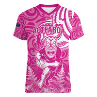 New Zealand Silver Fern Rugby All Pink Women V-Neck T-Shirt Maori Tiki Player With Ta Moko Tribal LT01 Female Pink - Polynesian Pride