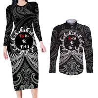 Personalised Toitu Te Tiriti Aotearoa Silver Fern Couples Matching Long Sleeve Bodycon Dress and Long Sleeve Button Shirt New Zealand Maori Pattern LT01 Black - Polynesian Pride