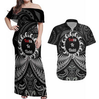 Personalised Toitu Te Tiriti Aotearoa Silver Fern Couples Matching Off Shoulder Maxi Dress and Hawaiian Shirt New Zealand Maori Pattern LT01 Black - Polynesian Pride