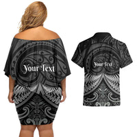 Personalised Toitu Te Tiriti Aotearoa Silver Fern Couples Matching Off Shoulder Short Dress and Hawaiian Shirt New Zealand Maori Pattern LT01 - Polynesian Pride