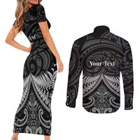 Personalised Toitu Te Tiriti Aotearoa Silver Fern Couples Matching Short Sleeve Bodycon Dress and Long Sleeve Button Shirt New Zealand Maori Pattern LT01 - Polynesian Pride