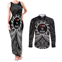 Personalised Toitu Te Tiriti Aotearoa Silver Fern Couples Matching Tank Maxi Dress and Long Sleeve Button Shirt New Zealand Maori Pattern LT01 Black - Polynesian Pride