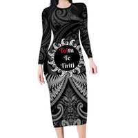 Personalised Toitu Te Tiriti Aotearoa Silver Fern Long Sleeve Bodycon Dress New Zealand Maori Pattern LT01 Long Dress Black - Polynesian Pride