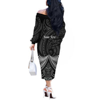 Personalised Toitu Te Tiriti Aotearoa Silver Fern Off The Shoulder Long Sleeve Dress New Zealand Maori Pattern LT01 - Polynesian Pride