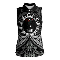 Personalised Toitu Te Tiriti Aotearoa Silver Fern Women Sleeveless Polo Shirt New Zealand Maori Pattern LT01 Female Black - Polynesian Pride