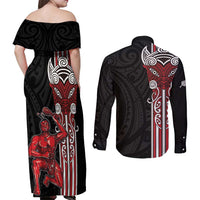 Toitu Te Reo Maori Toitu Te Whenua Toitu Te Tiriti Couples Matching Off Shoulder Maxi Dress and Long Sleeve Button Shirt Maori Warrior New Zealand LT01 - Polynesian Pride