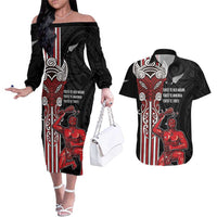 Toitu Te Reo Maori Toitu Te Whenua Toitu Te Tiriti Couples Matching Off The Shoulder Long Sleeve Dress and Hawaiian Shirt Maori Warrior New Zealand LT01 Black - Polynesian Pride