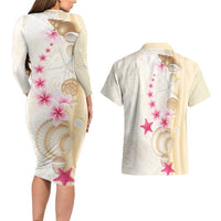 Beige Frangipani Sea Shell Couples Matching Long Sleeve Bodycon Dress and Hawaiian Shirt Starfish Polynesian Pattern - Polynesian Pride