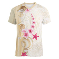 Beige Frangipani Sea Shell Women V-Neck T-Shirt Starfish Polynesian Pattern - Polynesian Pride