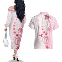 Pink Plumeria Sea Shell Couples Matching Off The Shoulder Long Sleeve Dress and Hawaiian Shirt Starfish Polynesian Pattern LT01 - Polynesian Pride