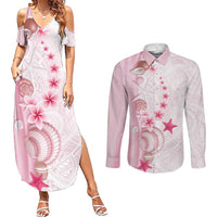 Pink Plumeria Sea Shell Couples Matching Summer Maxi Dress and Long Sleeve Button Shirt Starfish Polynesian Pattern - Polynesian Pride