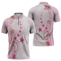 Pink Plumeria Sea Shell Zipper Polo Shirt Starfish Polynesian Pattern - Polynesian Pride