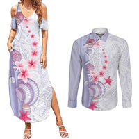 Purple Plumeria Sea Shell Couples Matching Summer Maxi Dress and Long Sleeve Button Shirt Starfish Polynesian Pattern - Polynesian Pride