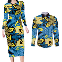 Plumeria Polynesian Pattern Couples Matching Long Sleeve Bodycon Dress and Long Sleeve Button Shirt Unique Fantasy Blue Yellow