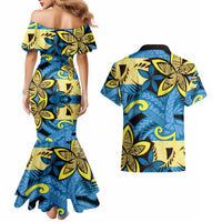 Plumeria Polynesian Pattern Couples Matching Mermaid Dress and Hawaiian Shirt Unique Fantasy Blue Yellow LT01 - Polynesian Pride