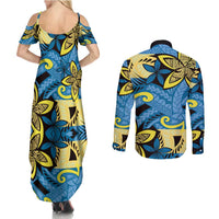 Plumeria Polynesian Pattern Couples Matching Summer Maxi Dress and Long Sleeve Button Shirt Unique Fantasy Blue Yellow